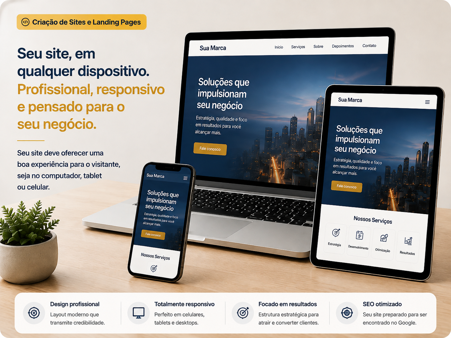 Exemplo de site profissional e responsivo exibido em computador, tablet e celular