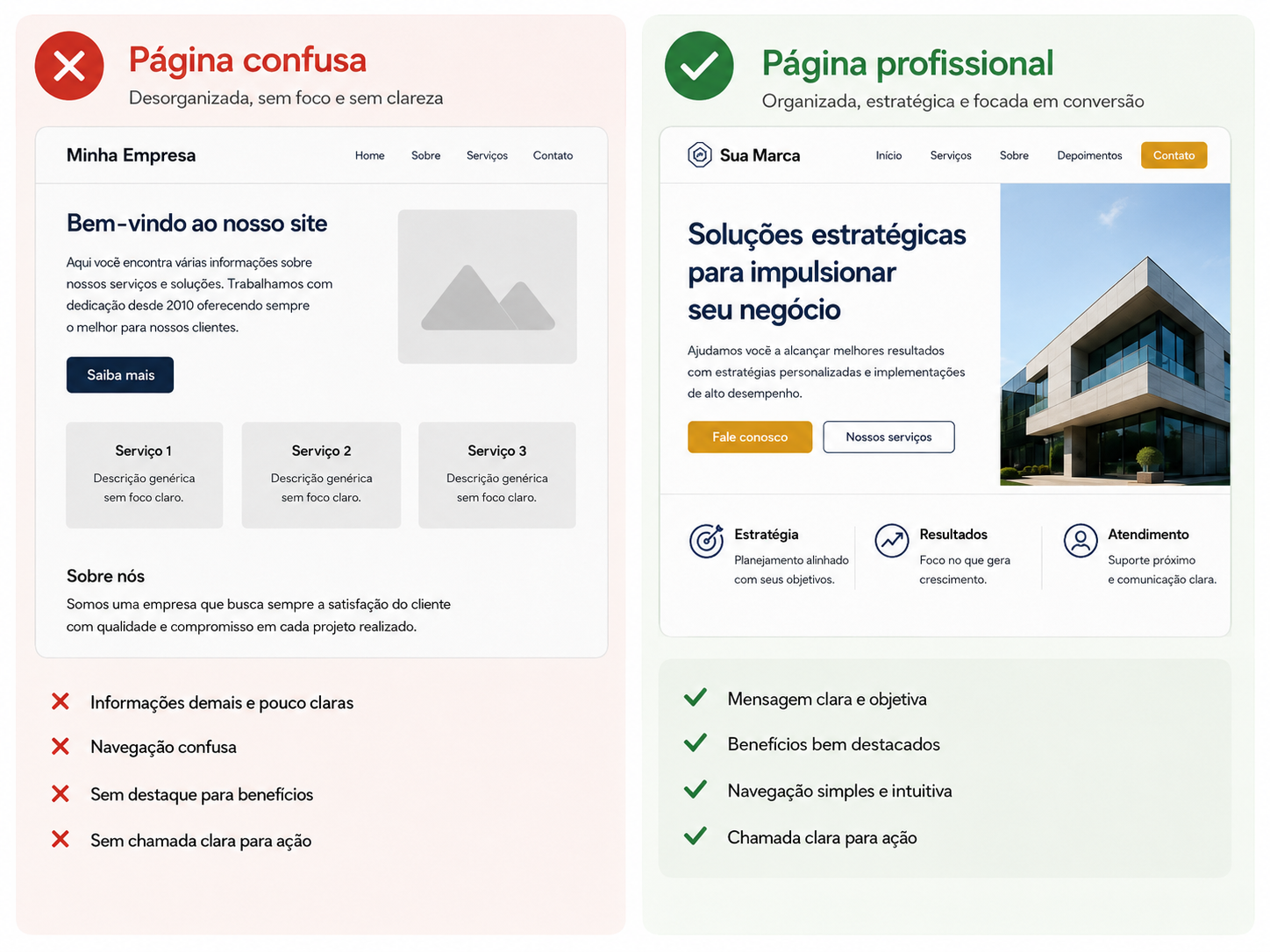 Comparação entre uma página de site confusa e uma página profissional organizada